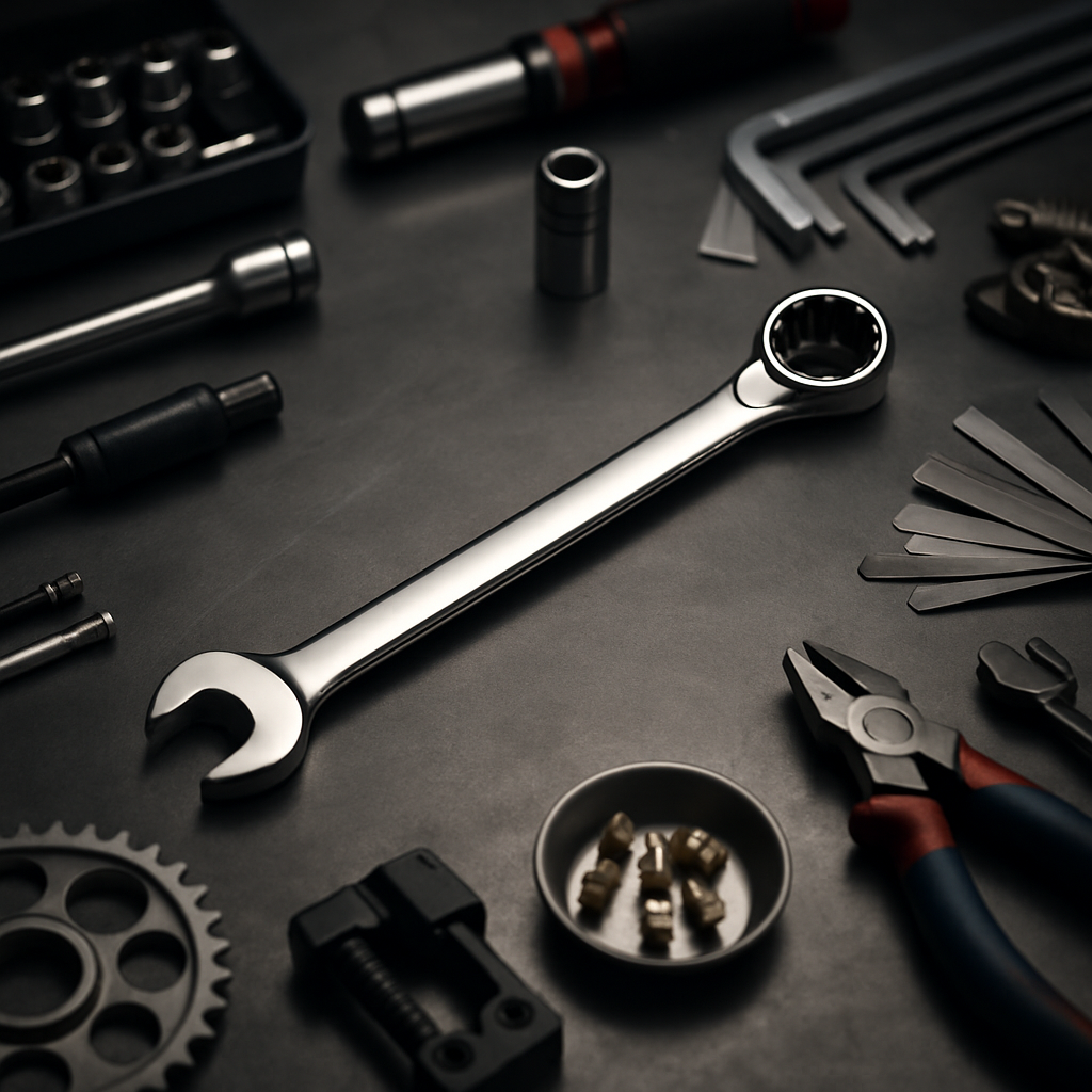 Handverktyg collection image. This tool on a karting workbench togheter with other engine tools. But this tool should be most visi...
