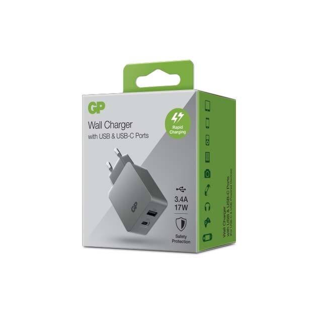 GP Väggladdare med 2 USB-portar WA51, USB-A + USB-C