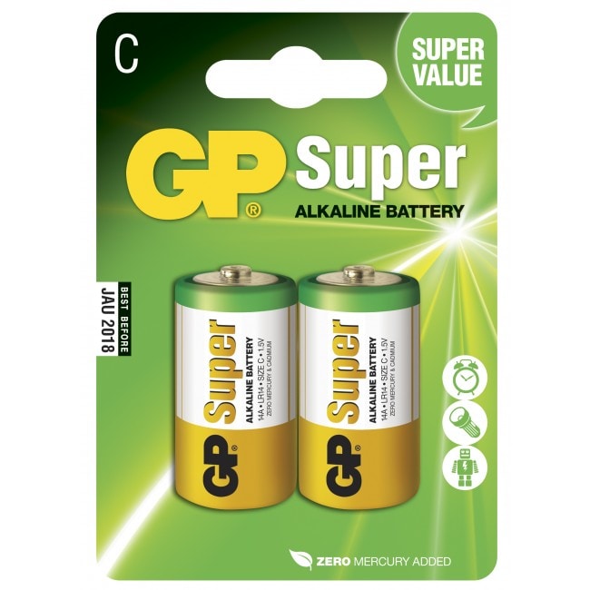 GP Super Alkaline C-batteri, 14A/LR14, 2-pack